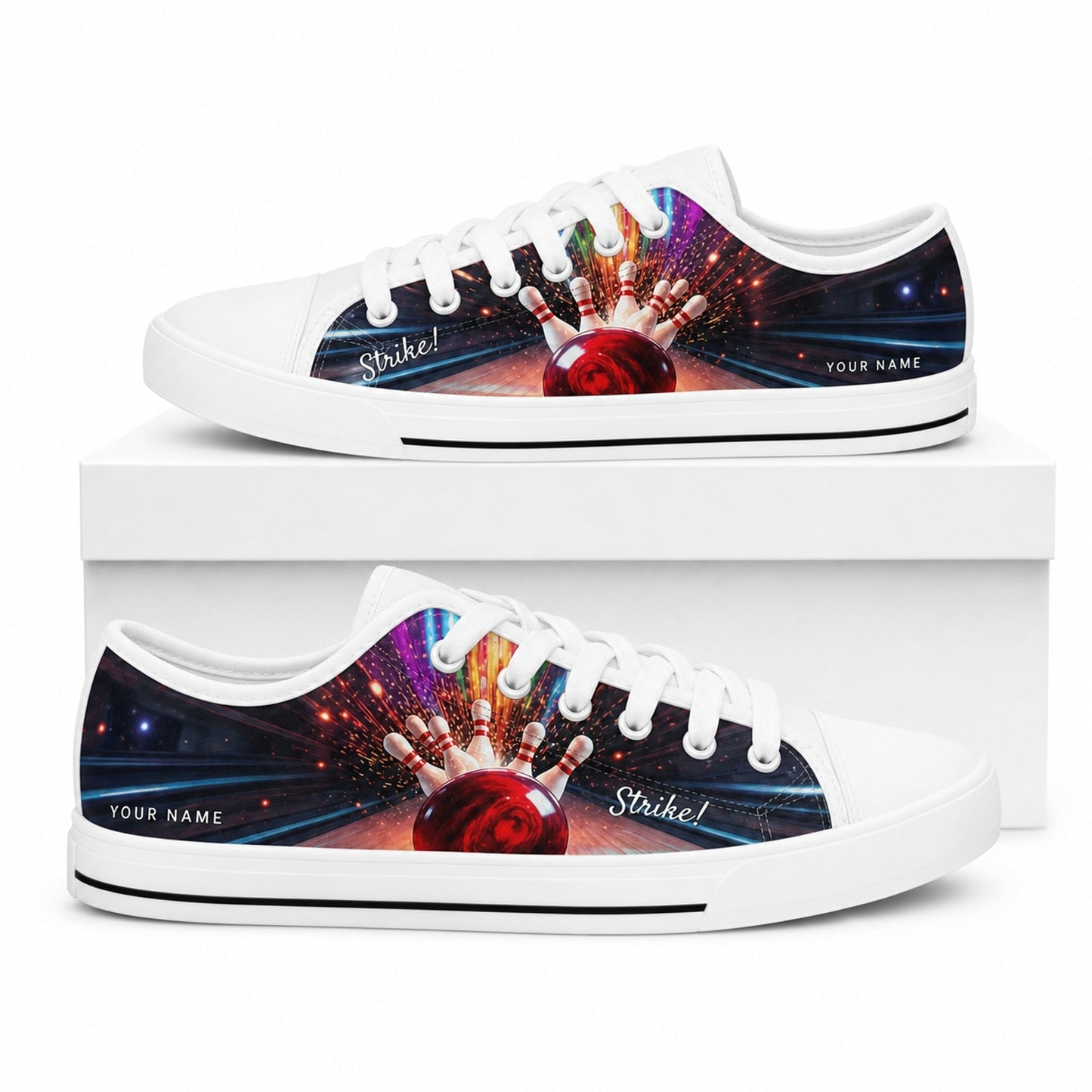 Strike Bowling Design Vintage Personalized Low Top Shoes Box White