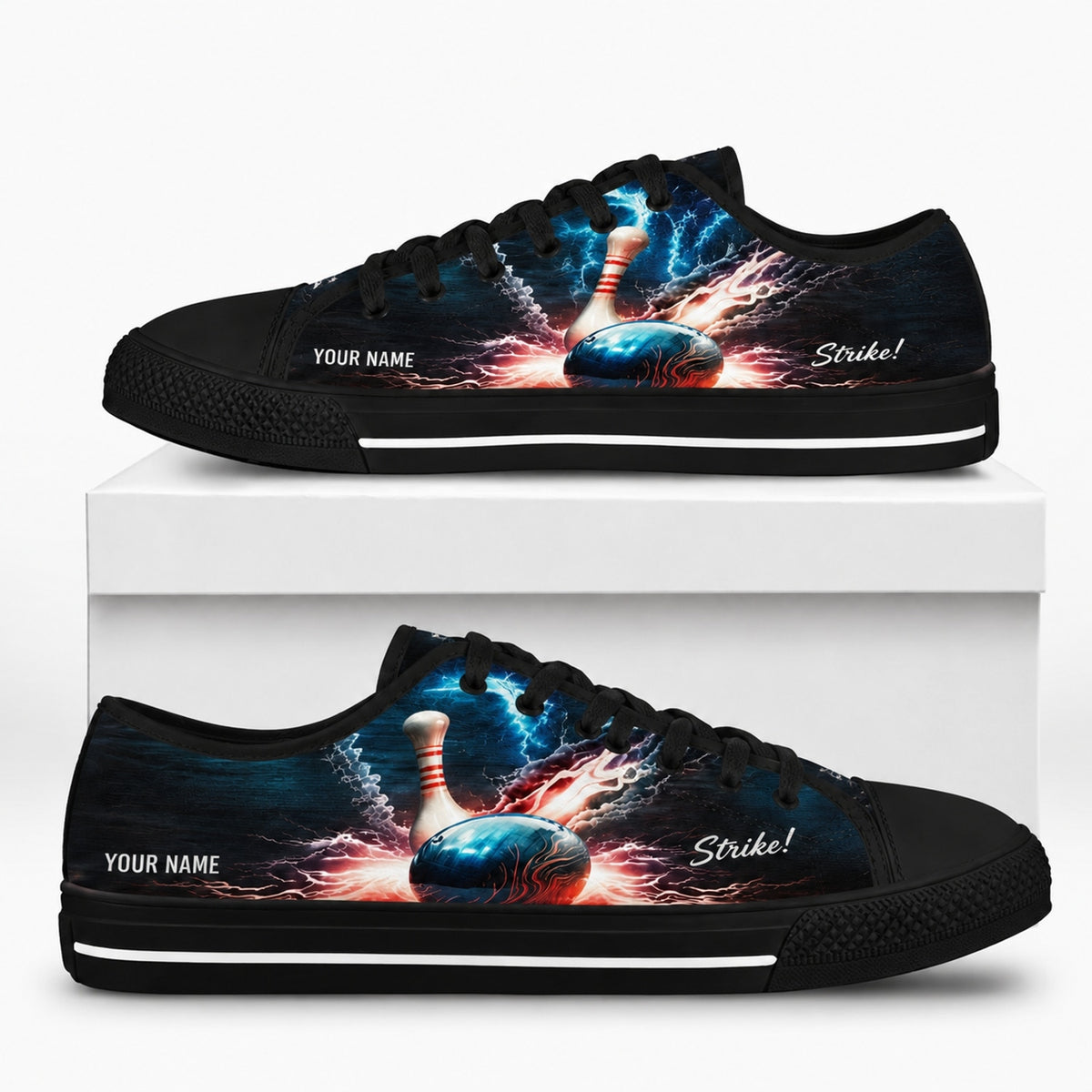 Strike Bowling Graphic Personalized Low Top Shoes Box Black