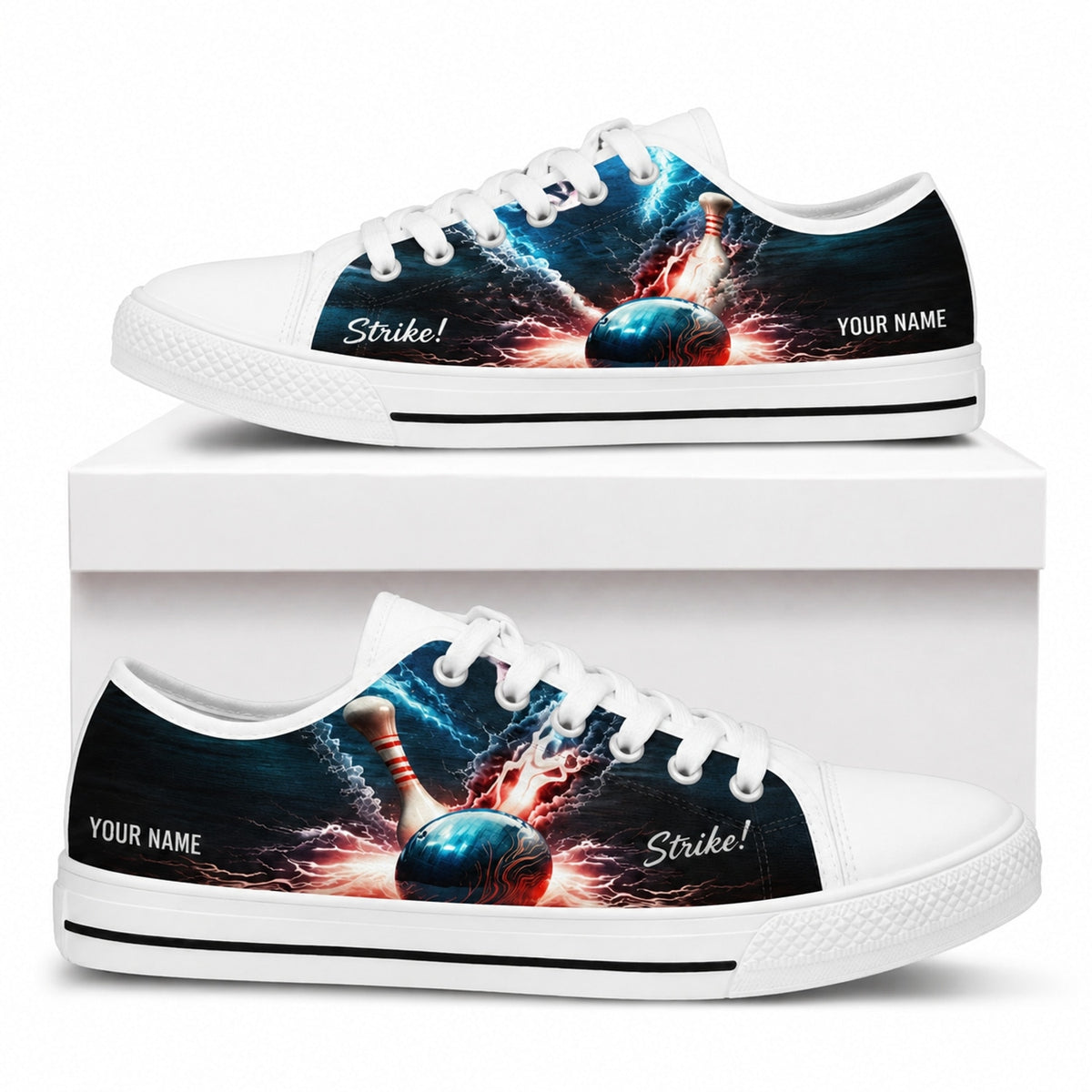 Strike Bowling Graphic Personalized Low Top Shoes Box White