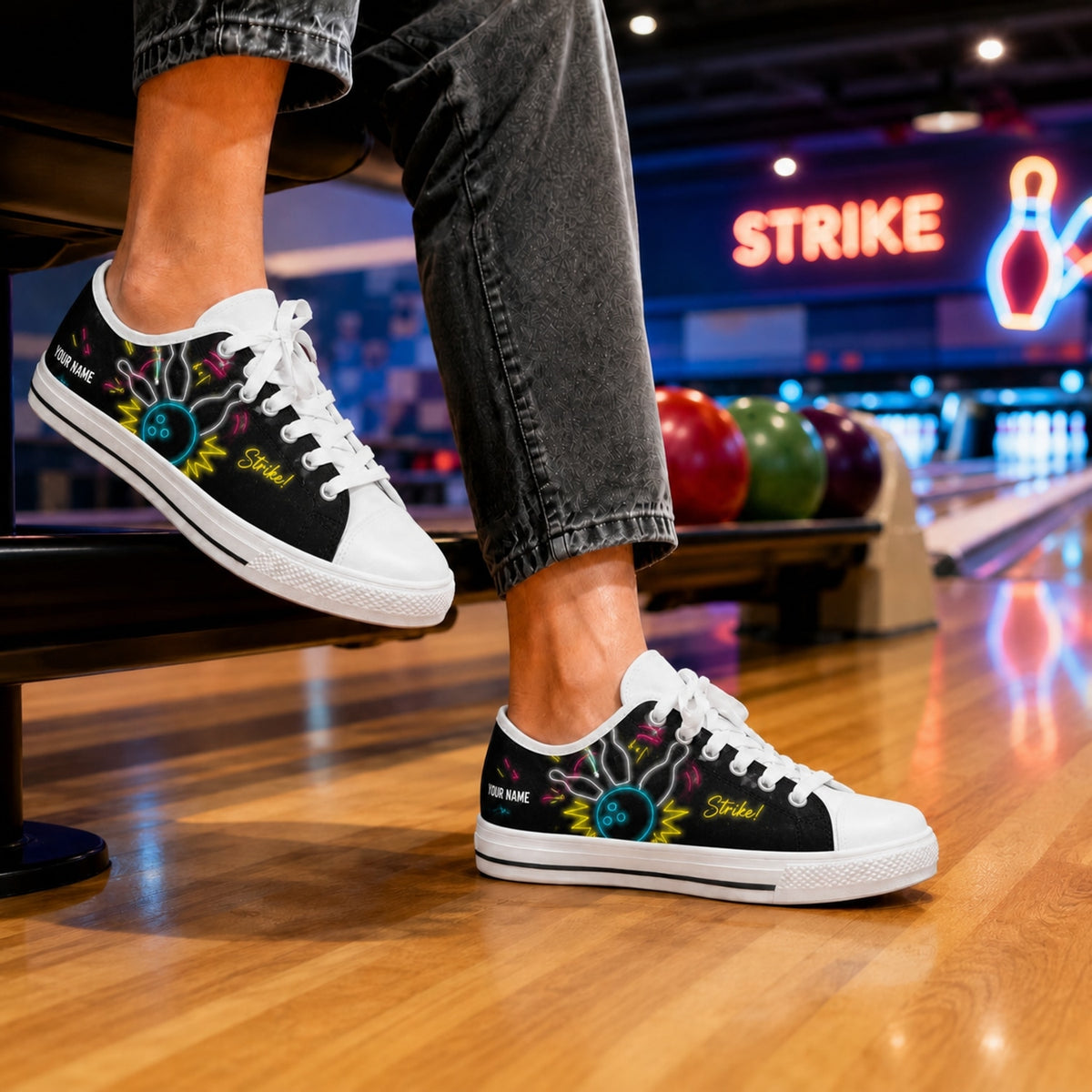 Strike Bowling Neon Design Custom Low Top Shoes Bowling Life Style
