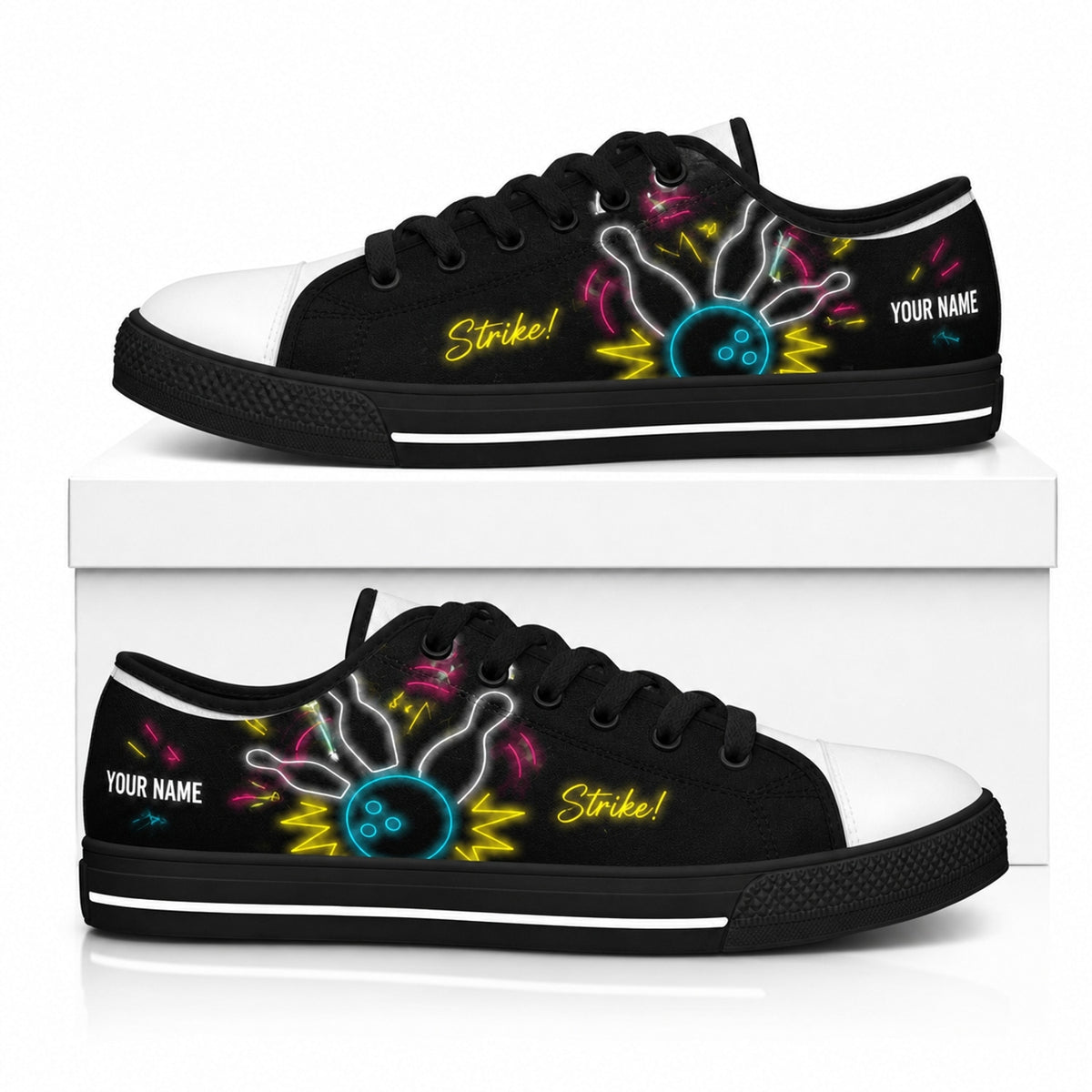 Strike Bowling Neon Design Custom Low Top Shoes Box Black