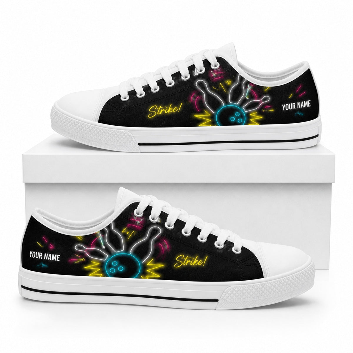 Strike Bowling Neon Design Custom Low Top Shoes Box White