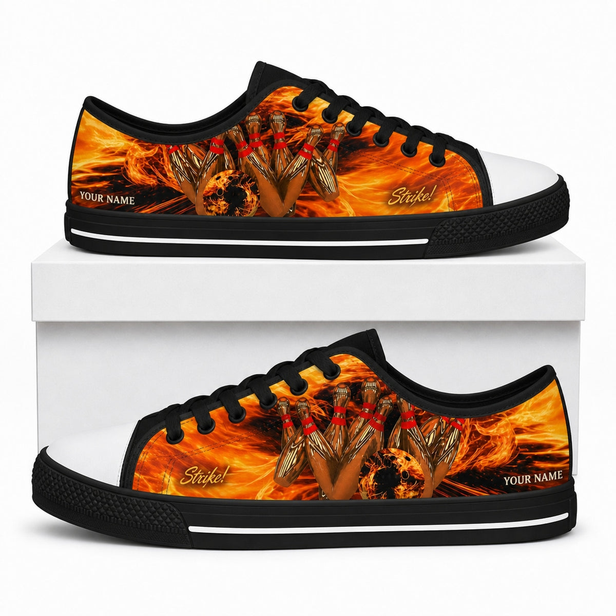 Strike Bowling Pins Graphic Personalized Low Top Shoes Box Black