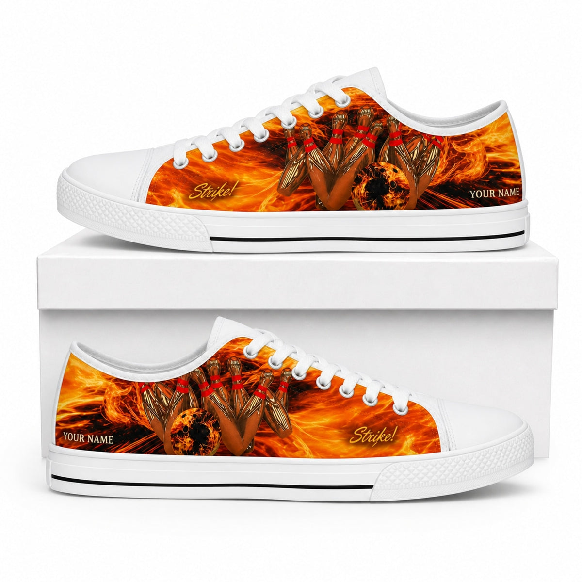 Strike Bowling Pins Graphic Personalized Low Top Shoes Box White