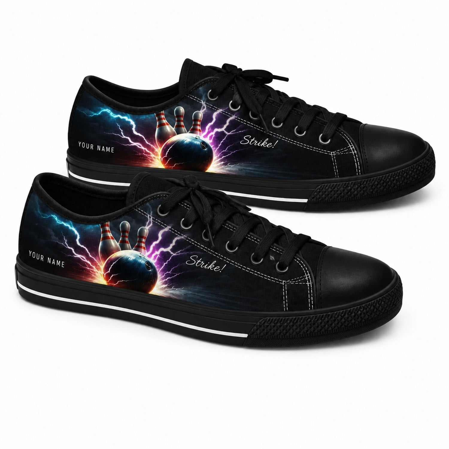 Strike Thunder Bowling Ball And Pins Graphic Personalized Low Top Shoes Black Shoes