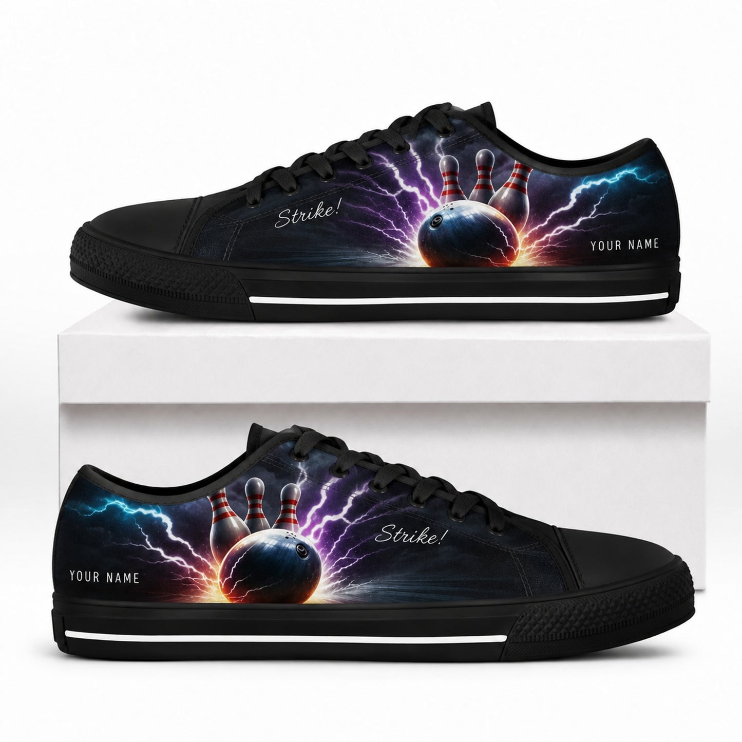 Strike Thunder Bowling Ball And Pins Graphic Personalized Low Top Shoes Box Black