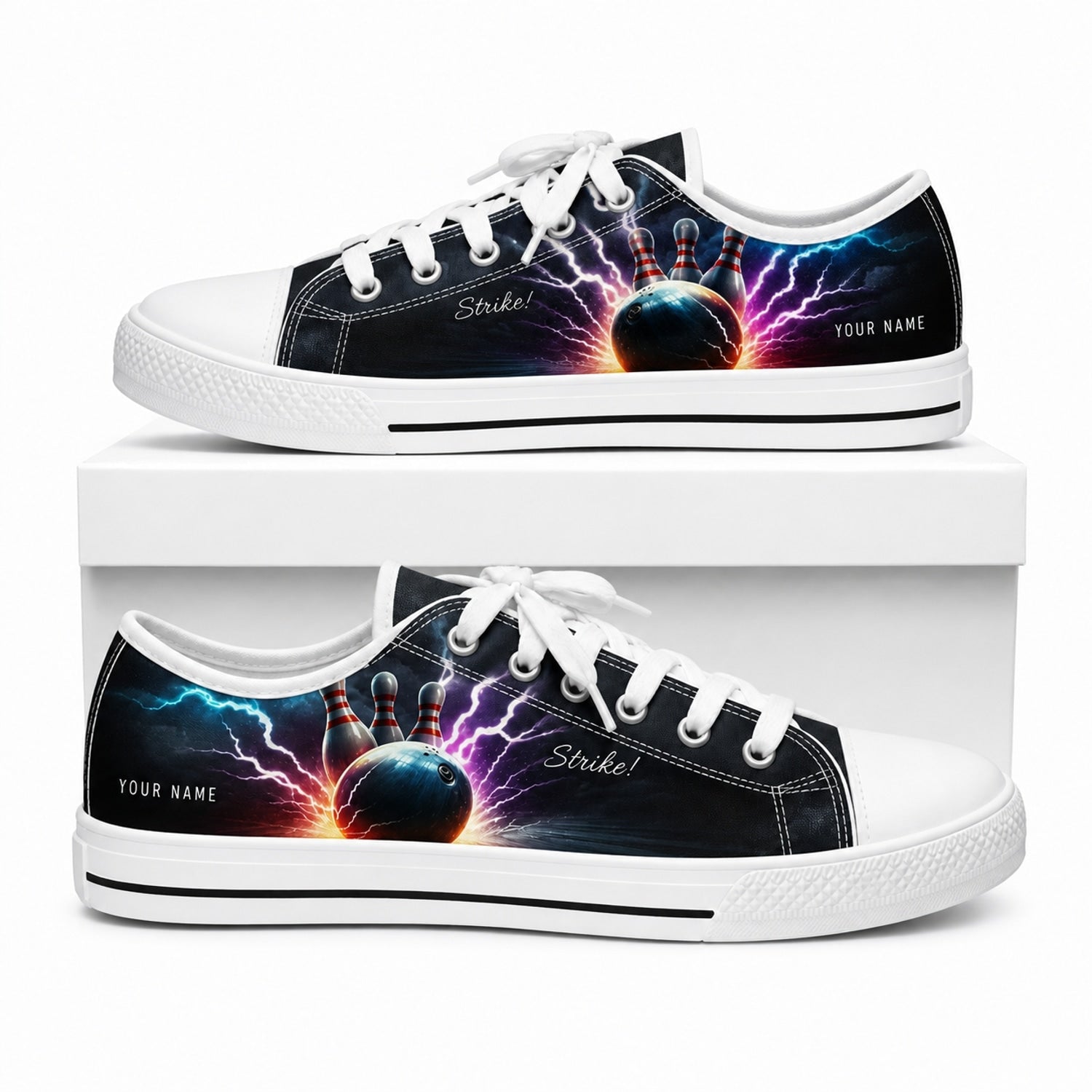 Strike Thunder Bowling Ball And Pins Graphic Personalized Low Top Shoes Box White