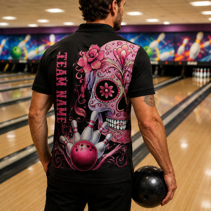 Sugar Skull Bowling Graphic Personalized Bowling Polo Shirt Back View