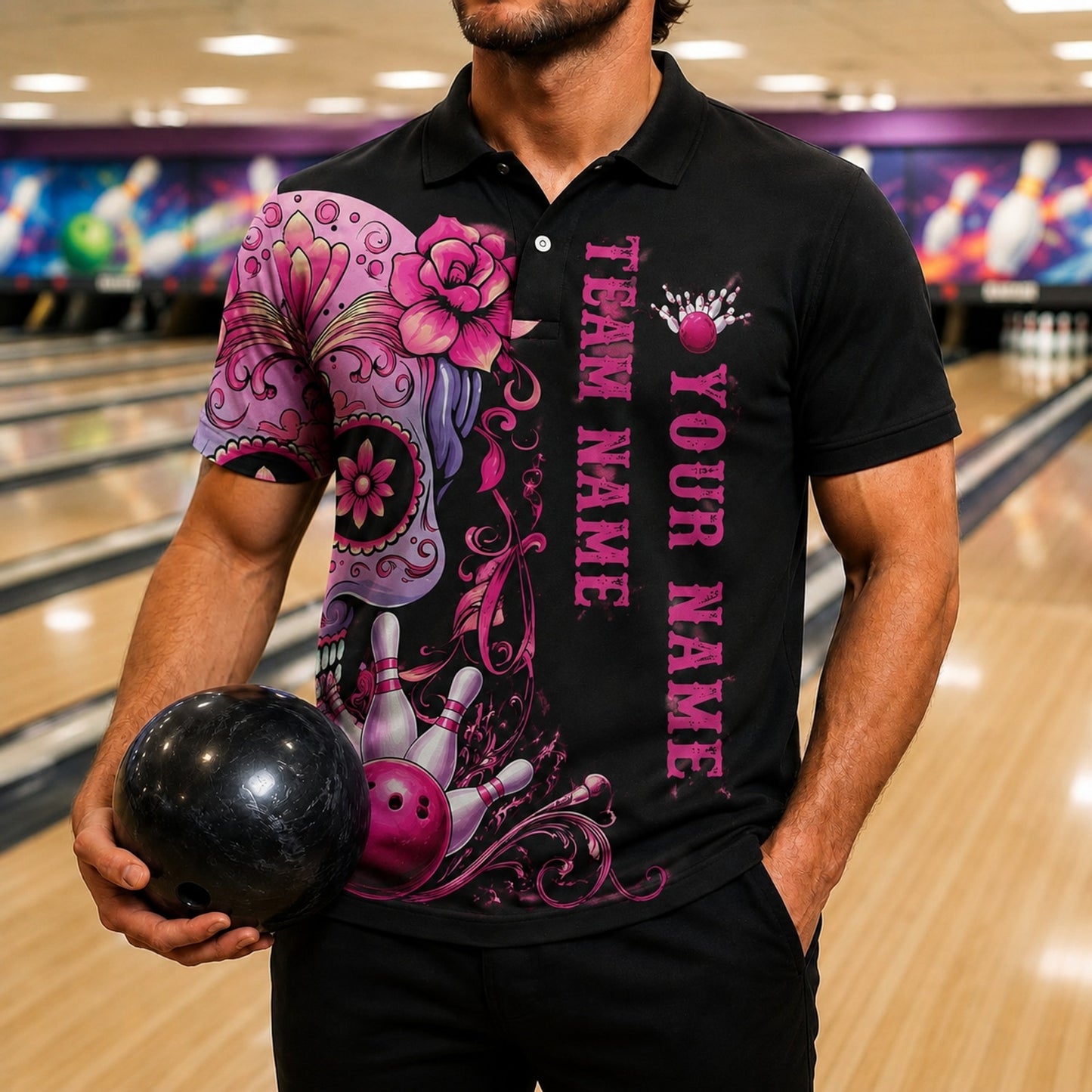Sugar Skull Bowling Graphic Personalized Bowling Polo Shirt Front View