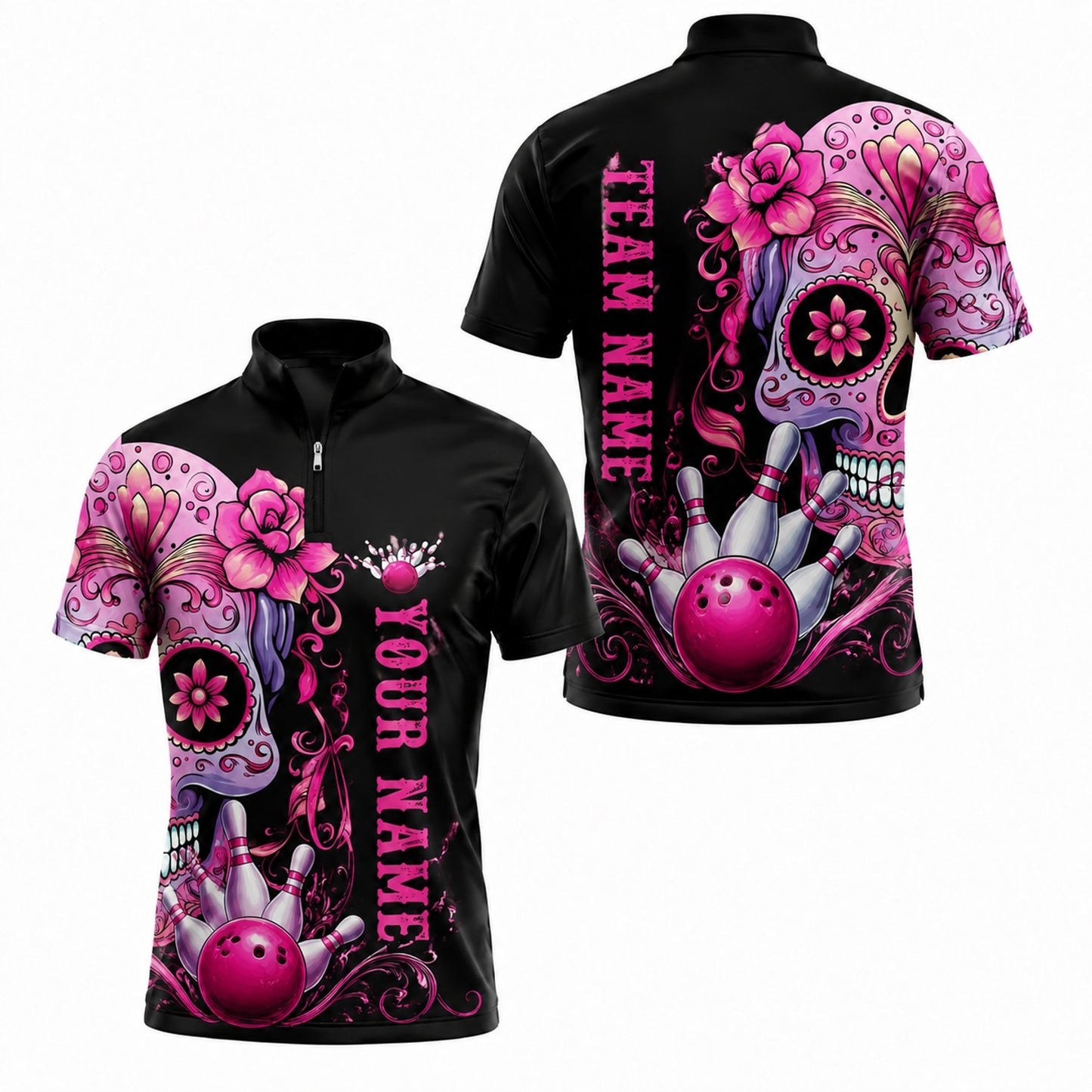 Sugar Skull Bowling Graphic Personalized Bowling Polo Shirt Jersey Zip 1 4 Collar