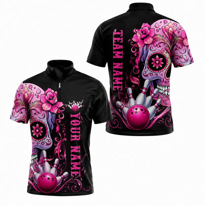 Sugar Skull Bowling Graphic Personalized Bowling Polo Shirt Jersey Zip 1 4 Collar