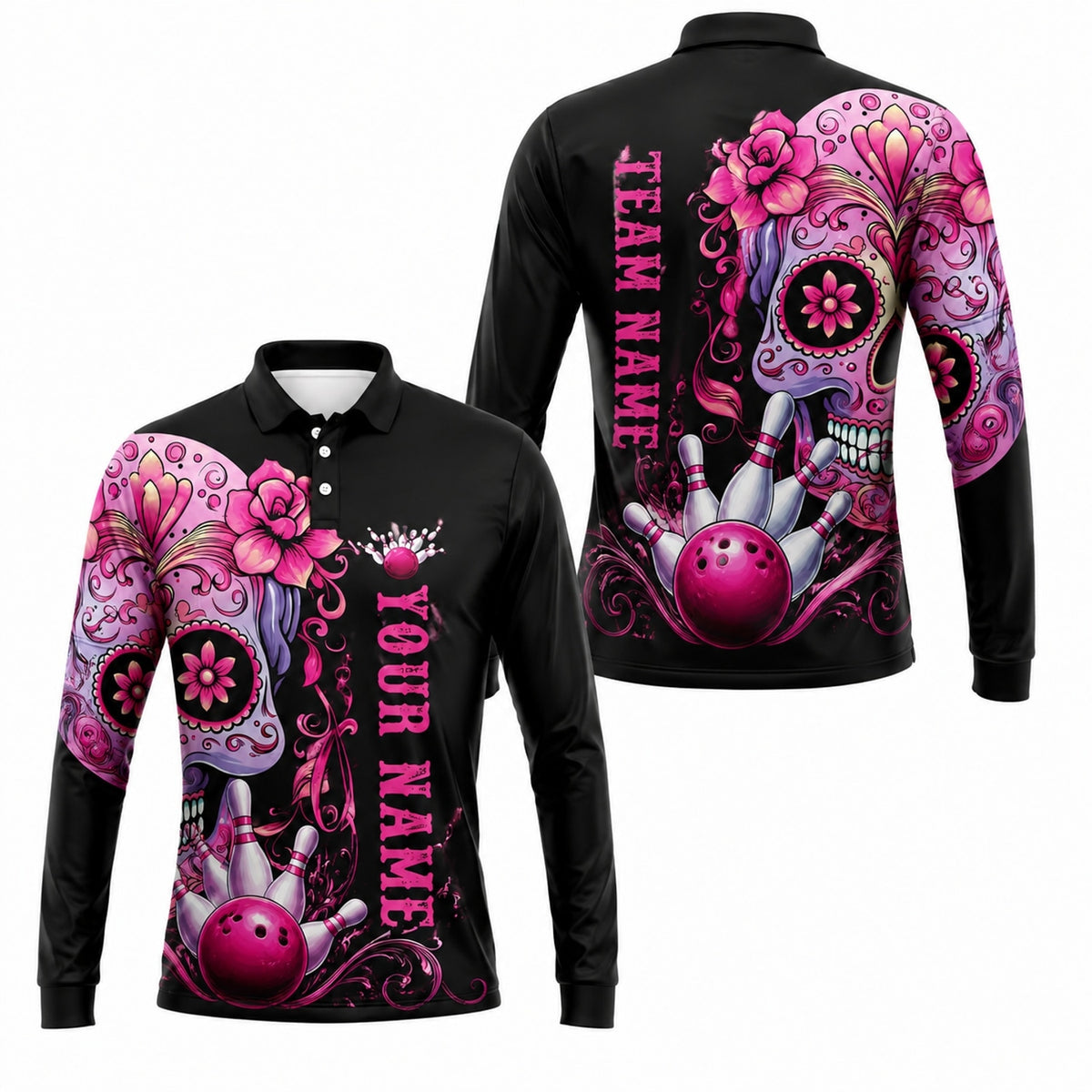 Sugar Skull Bowling Graphic Personalized Bowling Polo Shirt Long Sleeve Polo