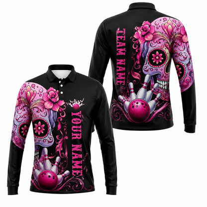 Sugar Skull Bowling Graphic Personalized Bowling Polo Shirt Long Sleeve Polo