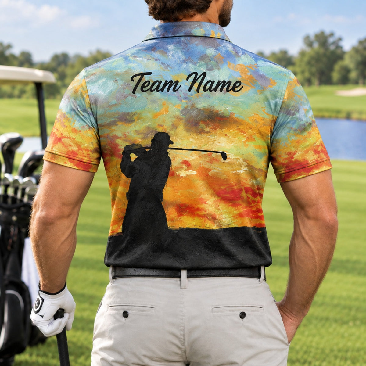 Sunset Golfer Silhouette Graphic Personalized Golf Polo Shirt Back View