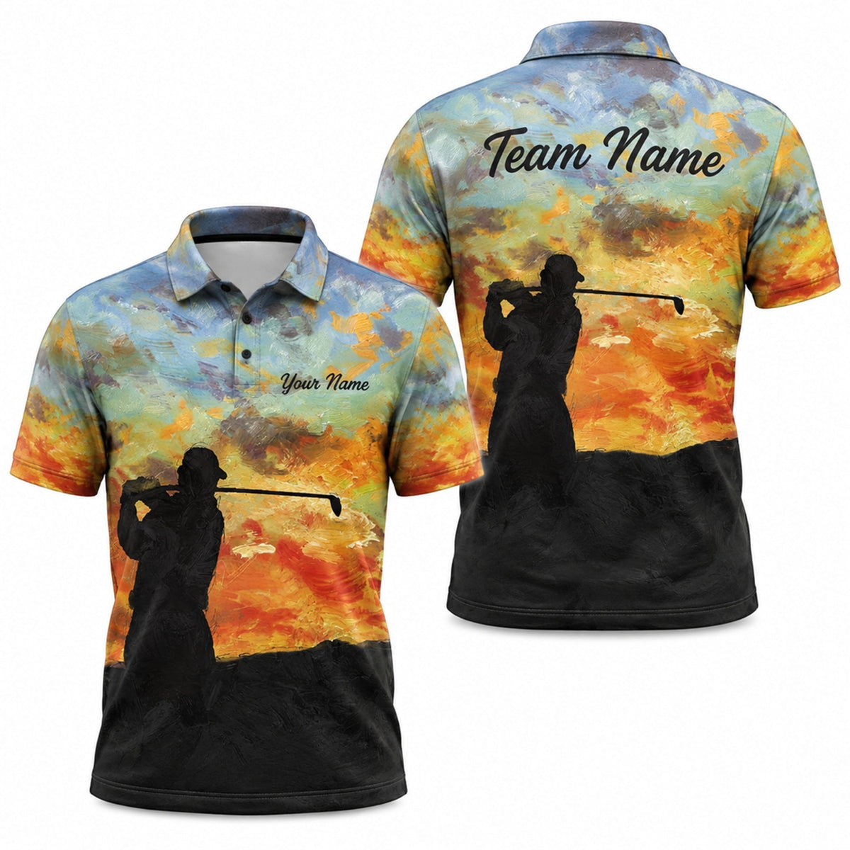 Sunset Golfer Silhouette Graphic Personalized Golf Polo Shirt