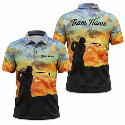 Sunset Golfer Silhouette Graphic Personalized Golf Polo Shirt
