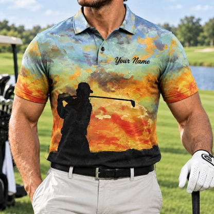 Sunset Golfer Silhouette Graphic Personalized Golf Polo Shirt Front View