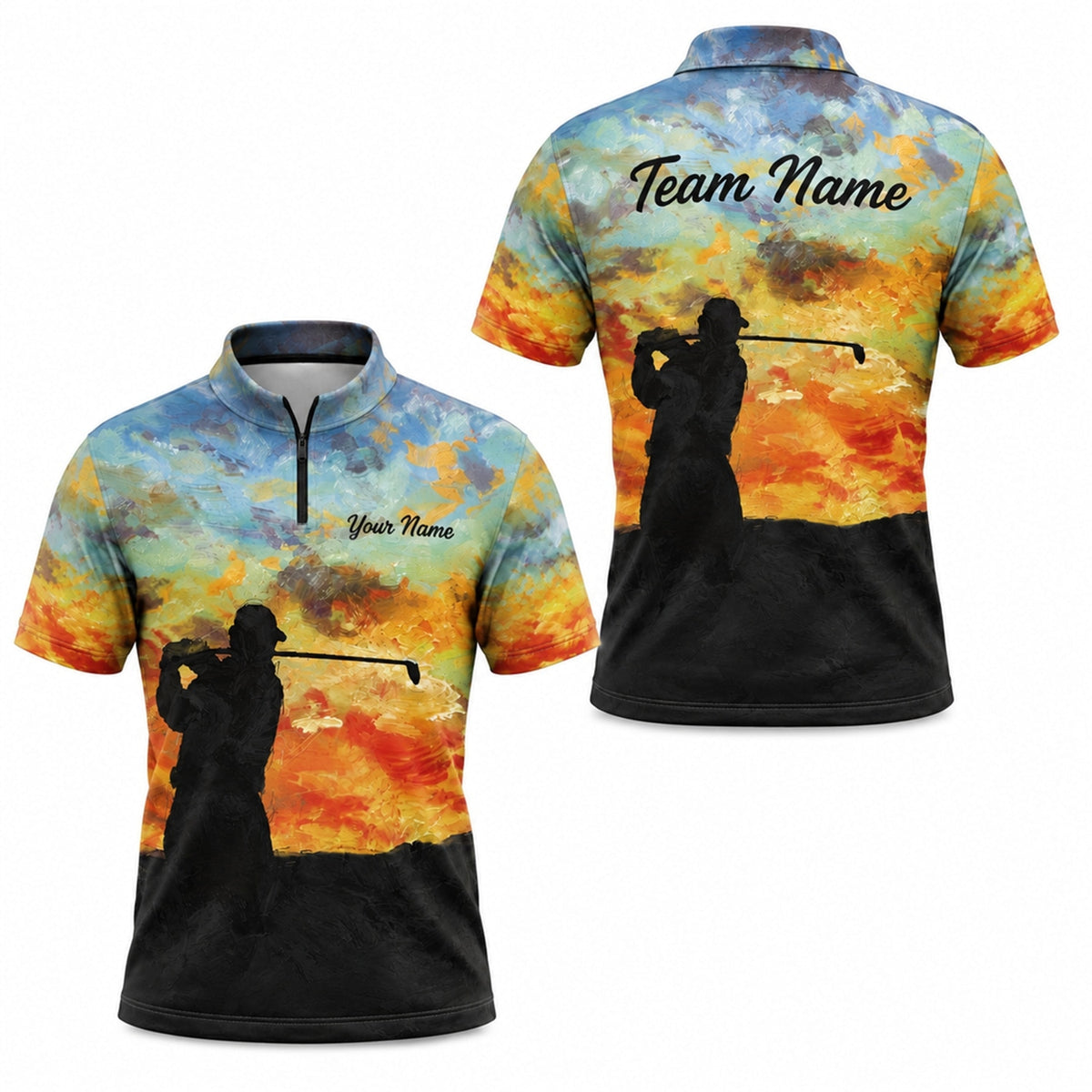 Sunset Golfer Silhouette Graphic Personalized Golf Polo Shirt Jersey Zip 1 4 Collar