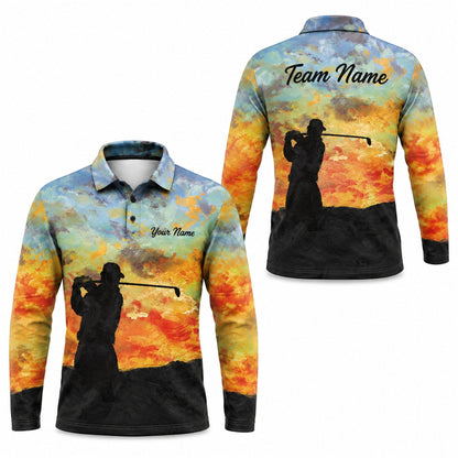 Sunset Golfer Silhouette Graphic Personalized Golf Polo Shirt Long Sleeve Polo