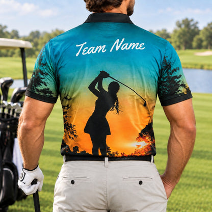 Sunset Lady Golfer Silhouette Personalized Golf Polo Shirt Back View
