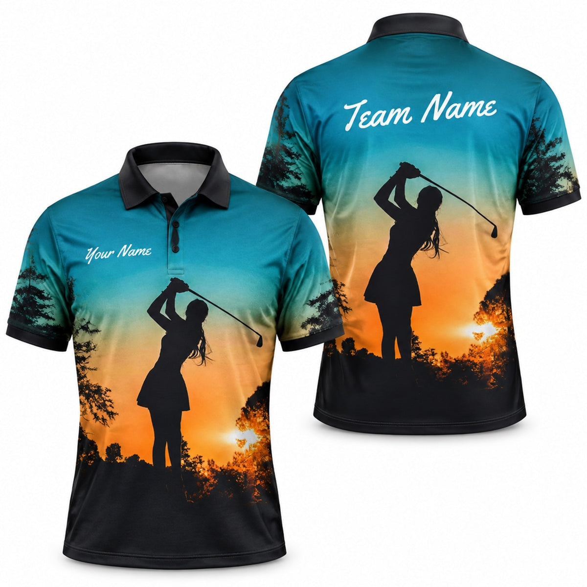 Sunset Lady Golfer Silhouette Personalized Golf Polo Shirt