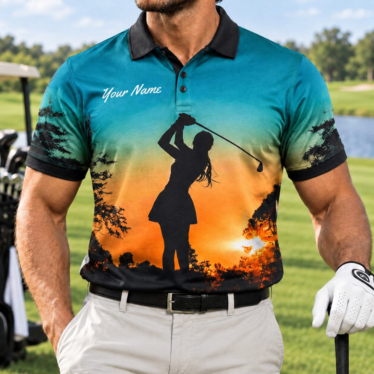 Sunset Lady Golfer Silhouette Personalized Golf Polo Shirt Front View
