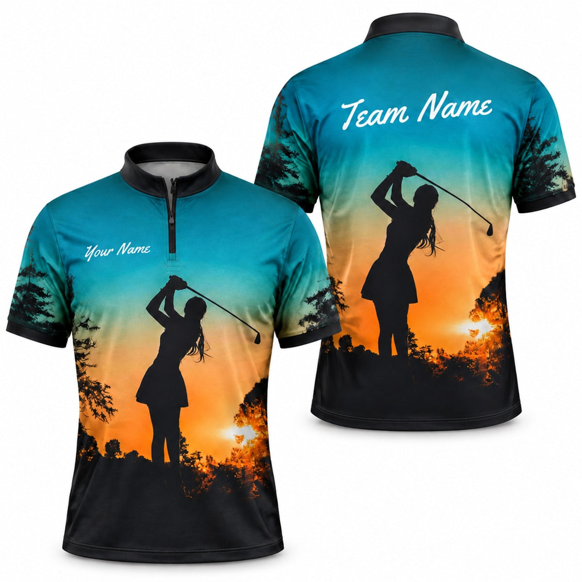 Sunset Lady Golfer Silhouette Personalized Golf Polo Shirt Jersey Zip 1 4 Collar