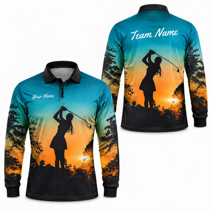 Sunset Lady Golfer Silhouette Personalized Golf Polo Shirt Long Sleeve Polo