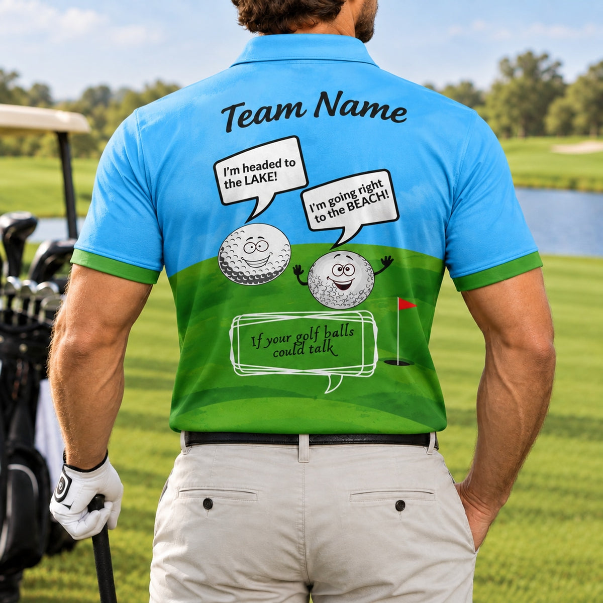 Talking Golf Balls Graphic Personalized Golf Polo Shirt Back View