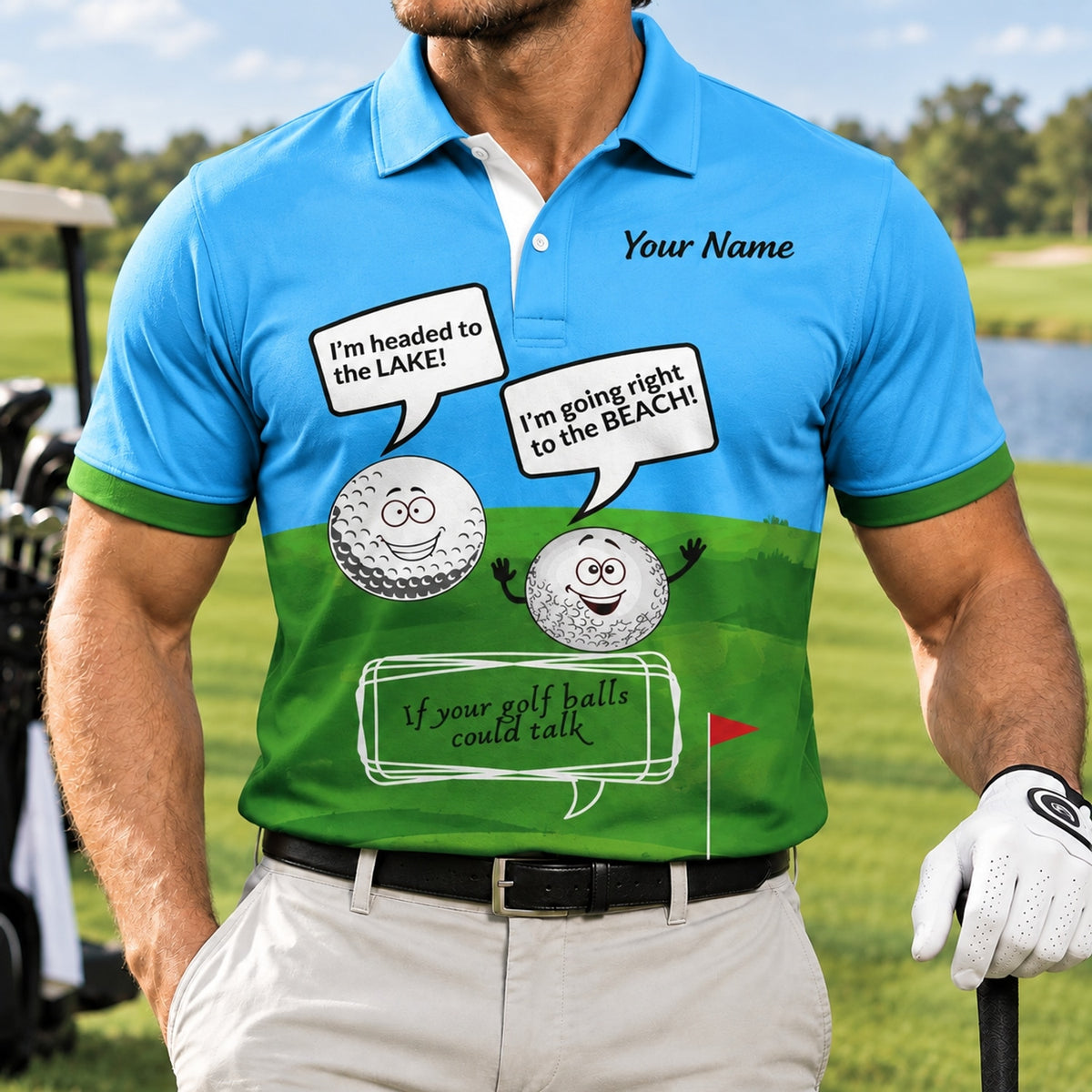 Talking Golf Balls Graphic Personalized Golf Polo Shirt Front View