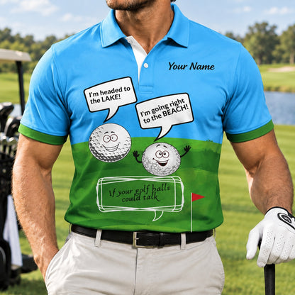 Talking Golf Balls Graphic Personalized Golf Polo Shirt Front View