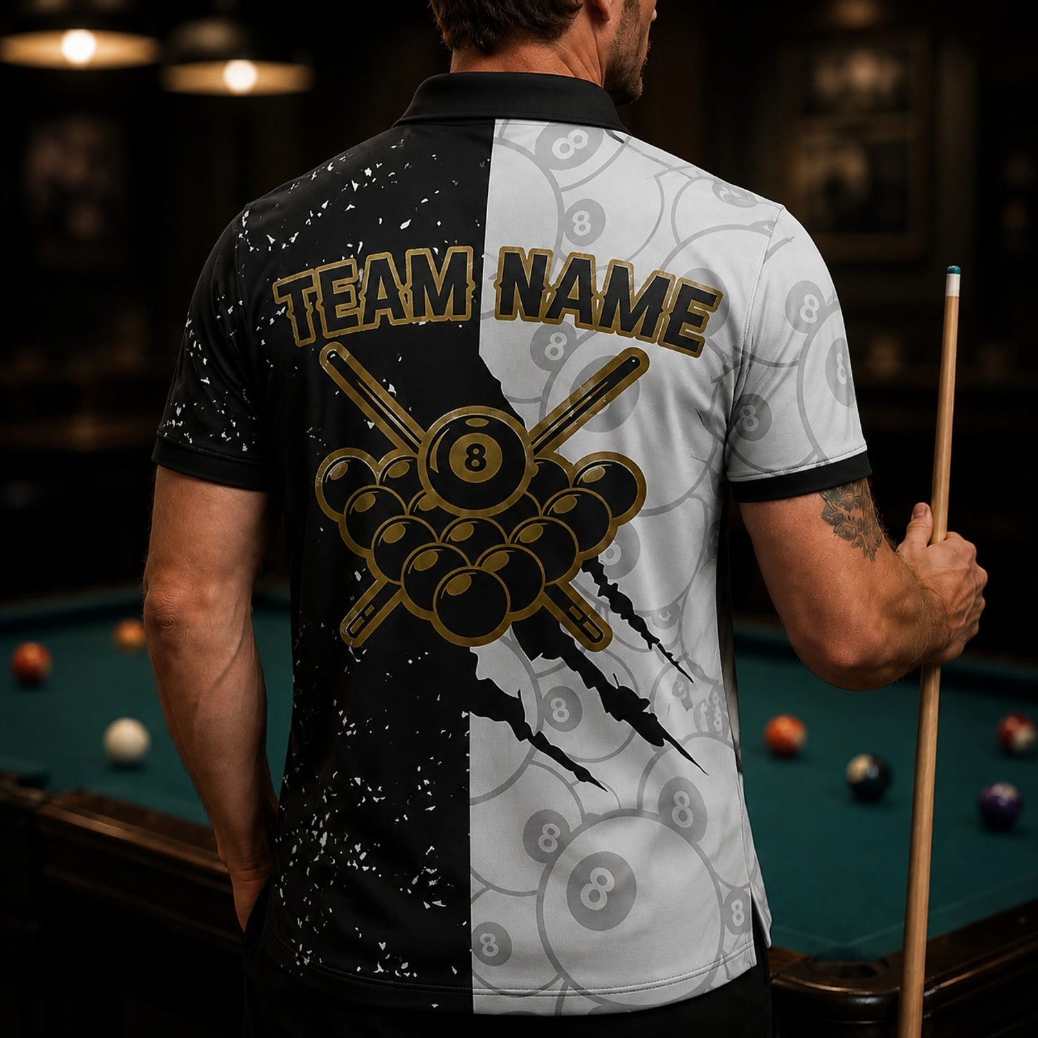 Team Name 8 Ball Sport Custom Billiard Polo Shirt Back View