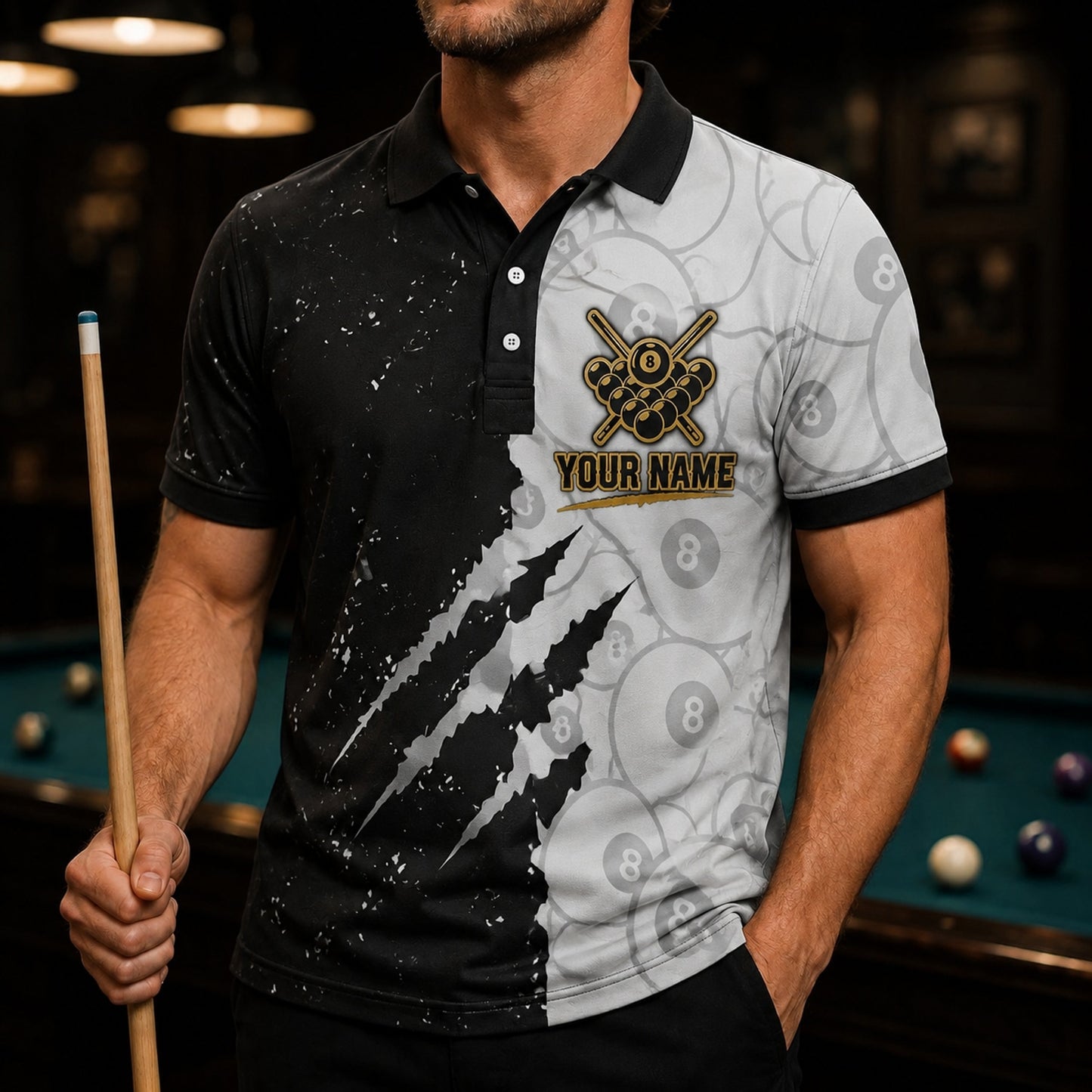 Team Name 8 Ball Sport Custom Billiard Polo Shirt Front View