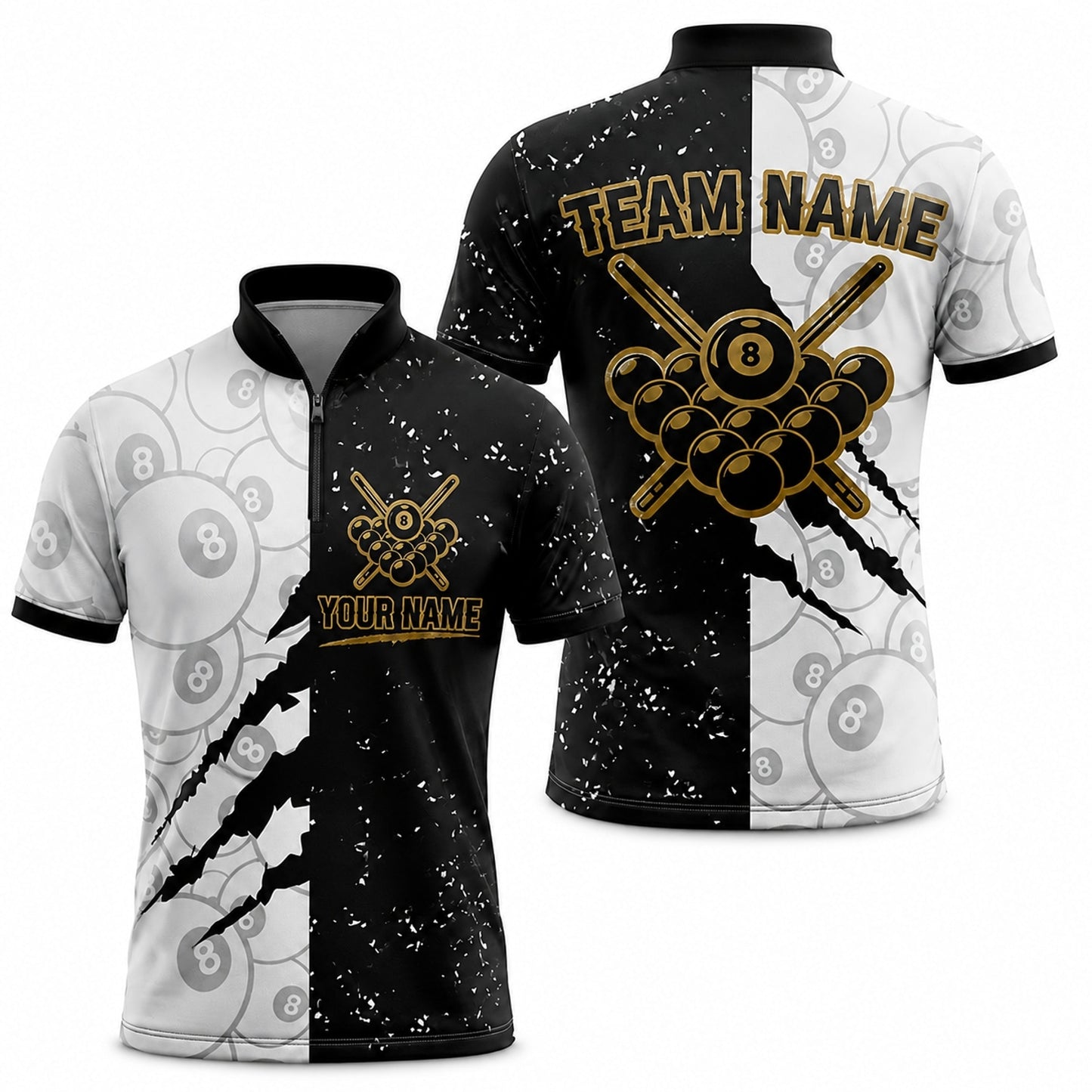 Team Name 8 Ball Sport Custom Billiard Polo Shirt Jersey Zip 1 4 Collar