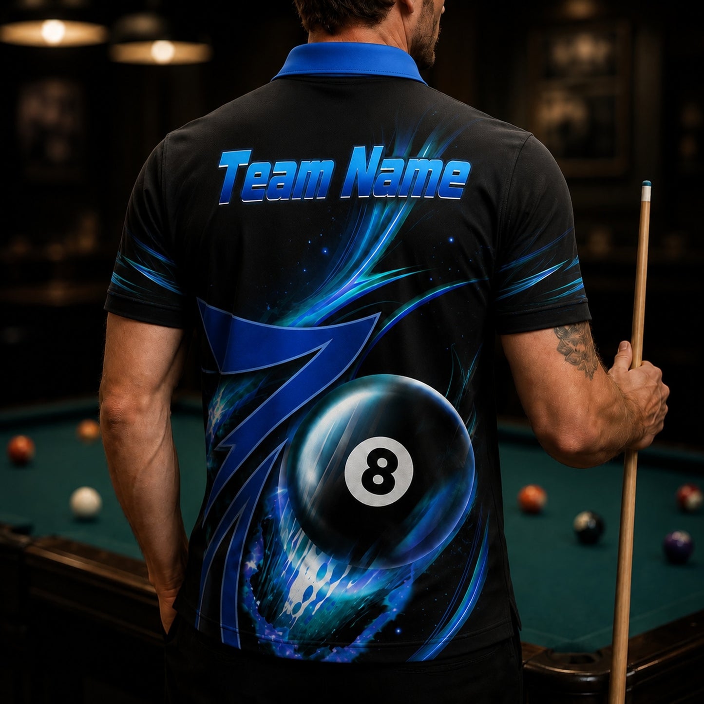 Team Name 8 Ball Sport Personalized Billiard Polo Shirt Back View