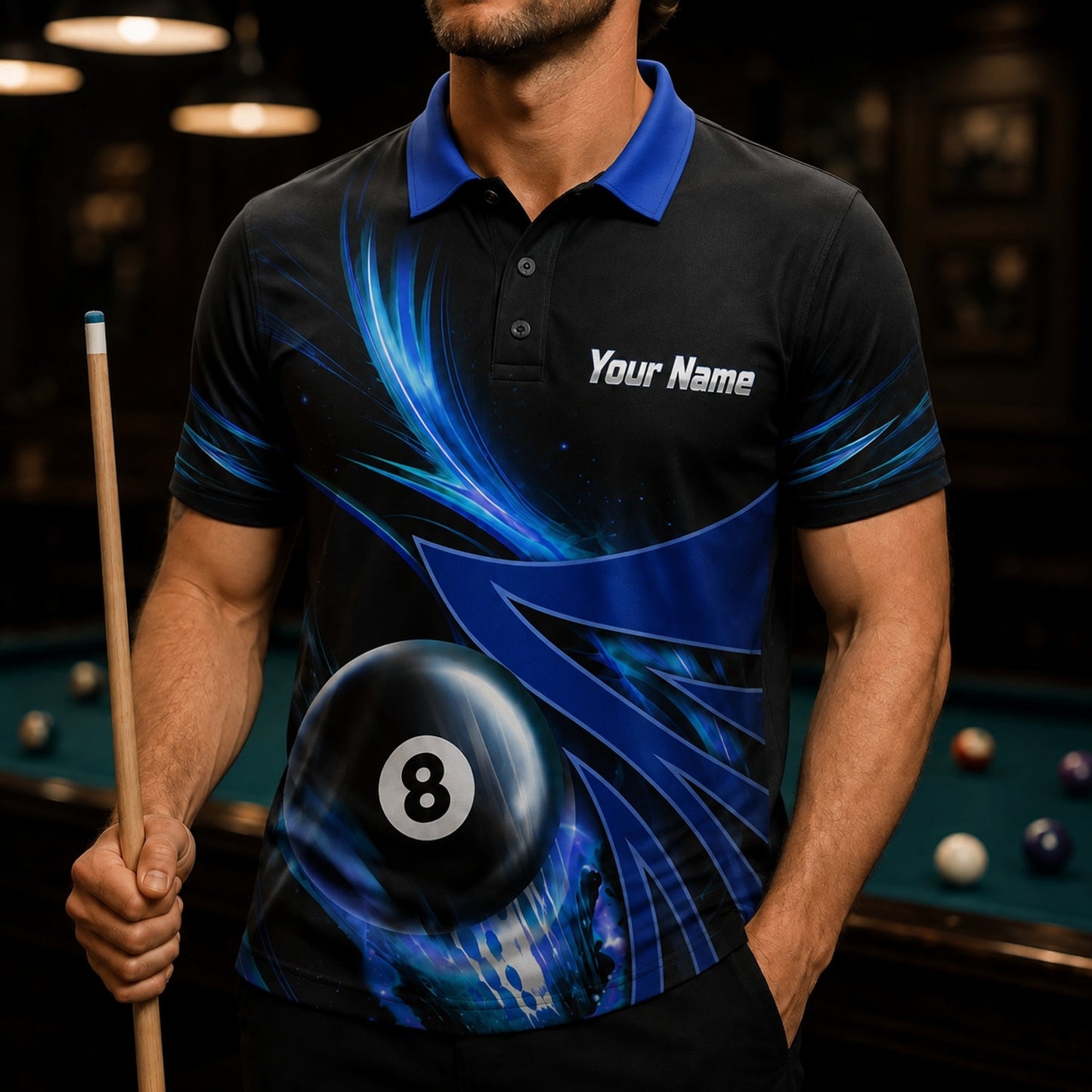 Team Name 8 Ball Sport Personalized Billiard Polo Shirt Front View