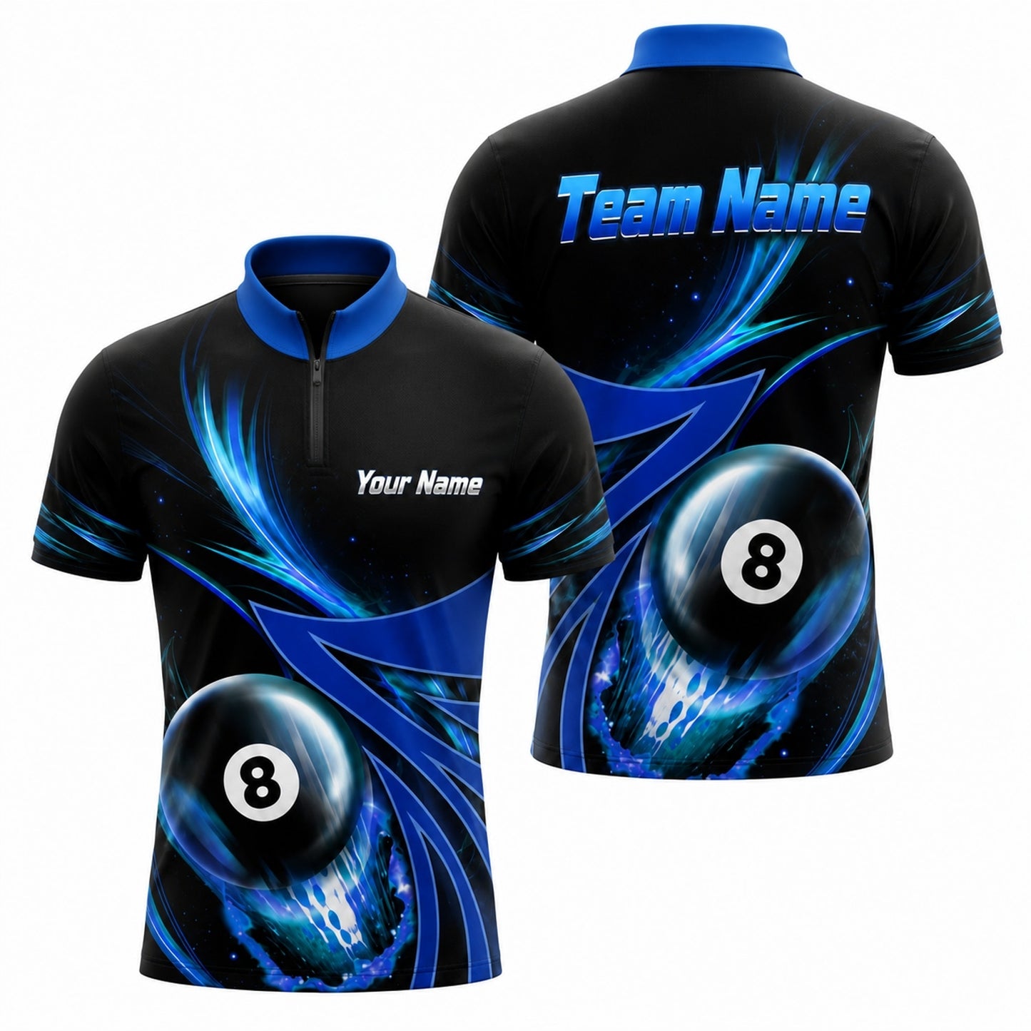 Team Name 8 Ball Sport Personalized Billiard Polo Shirt Jersey Zip 1 4 Collar