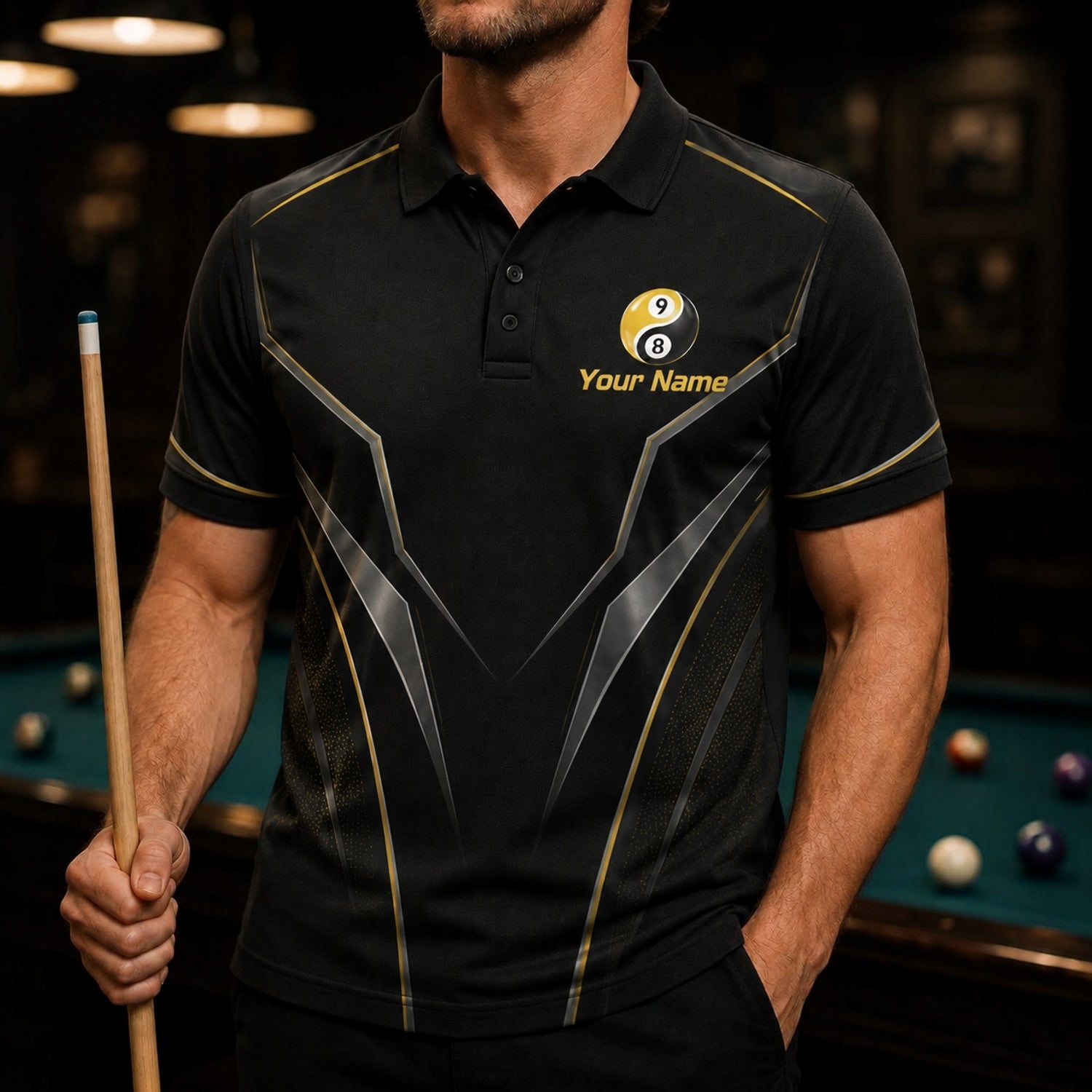 Team Name 9 Ball 8 Ball Sport Personalized Billiard Polo Shirt Front View