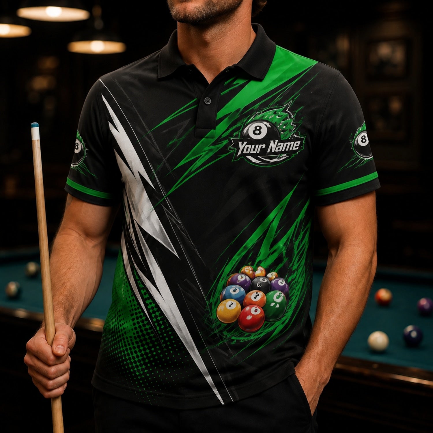 Team Name Billiards Graphic Custom Billiard Polo Shirt Front View