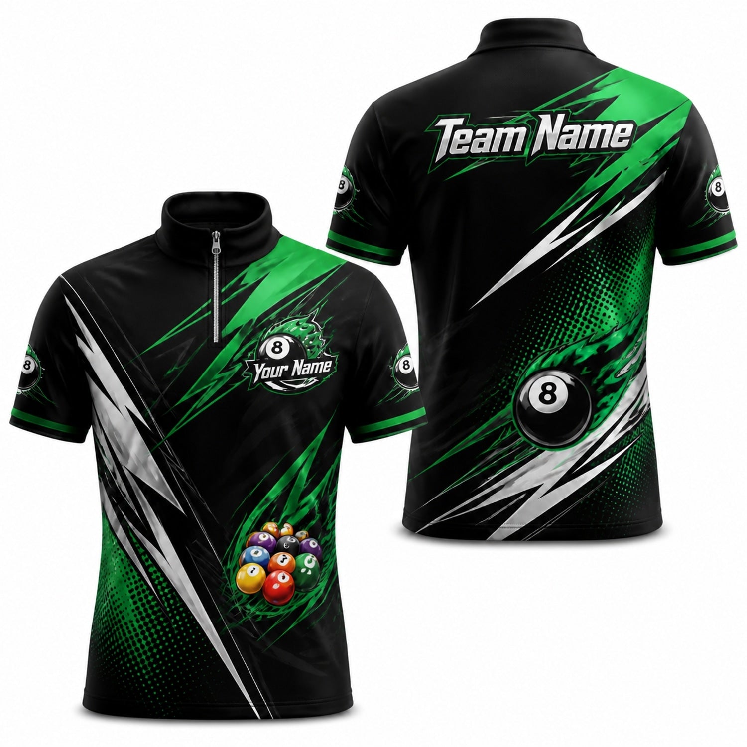 Team Name Billiards Graphic Custom Billiard Polo Shirt Jersey Zip 1 4 Collar