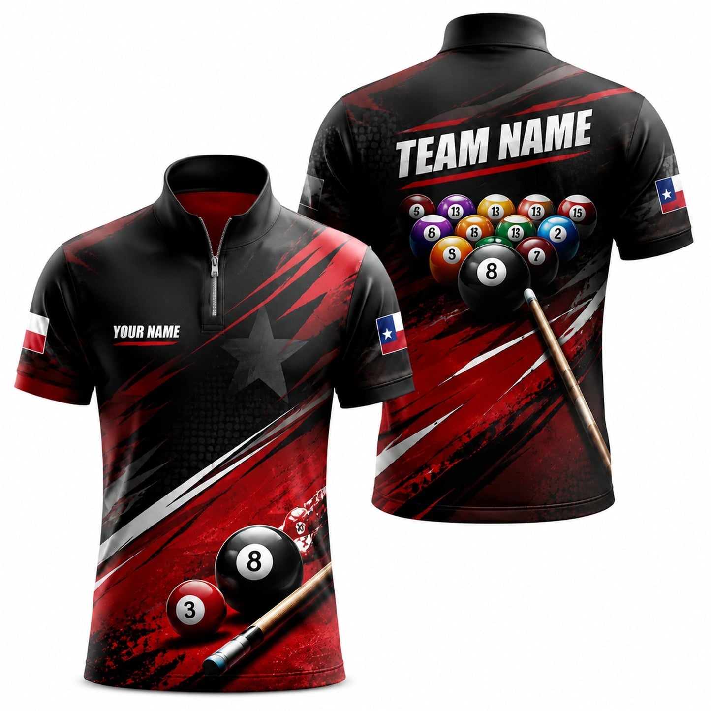 Team Name Billiards Sport Personalized Billiard Polo Shirt Jersey Zip 1 4 Collar