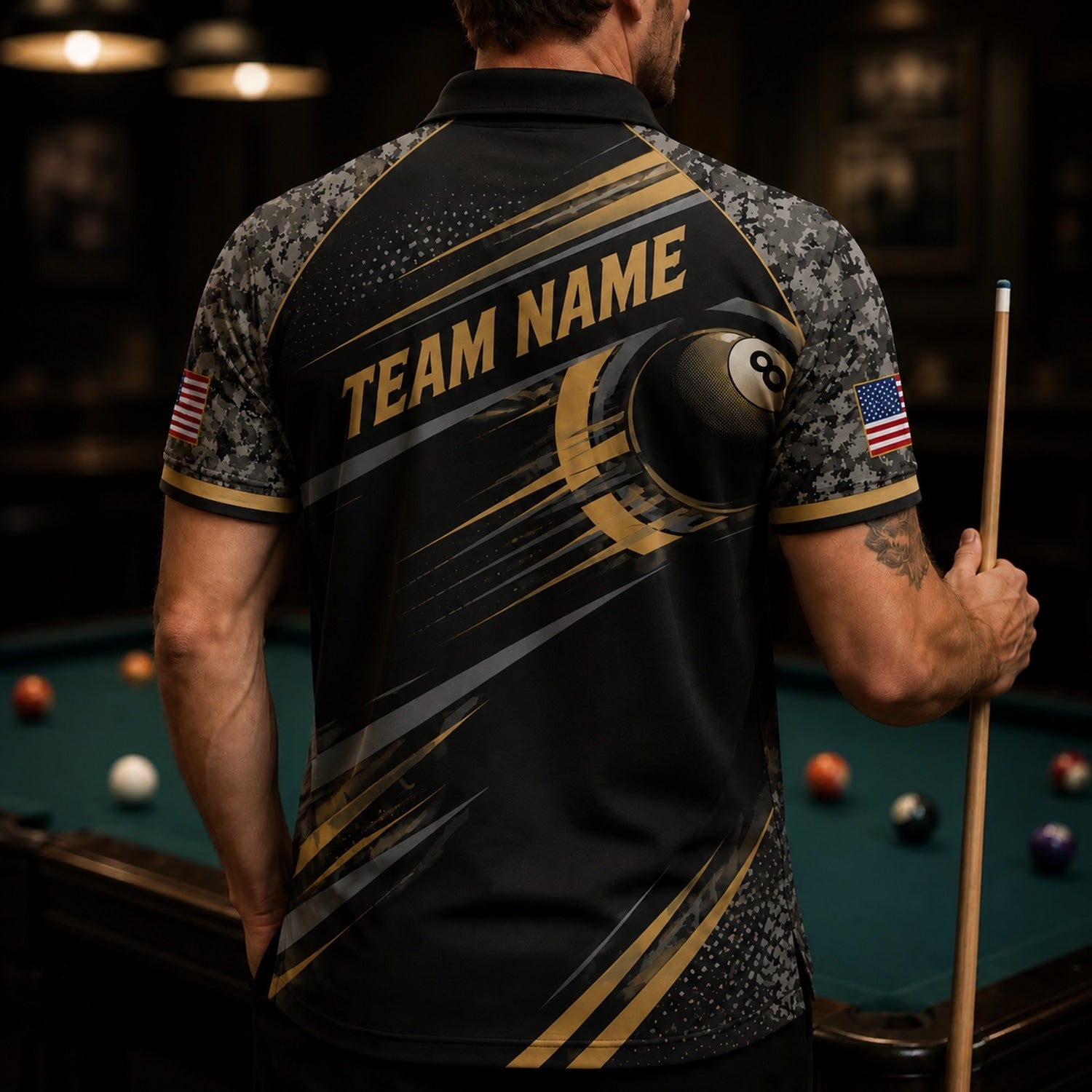 Team Name Patriot 8 Ball Sport Custom Billiard Polo Shirt Back View