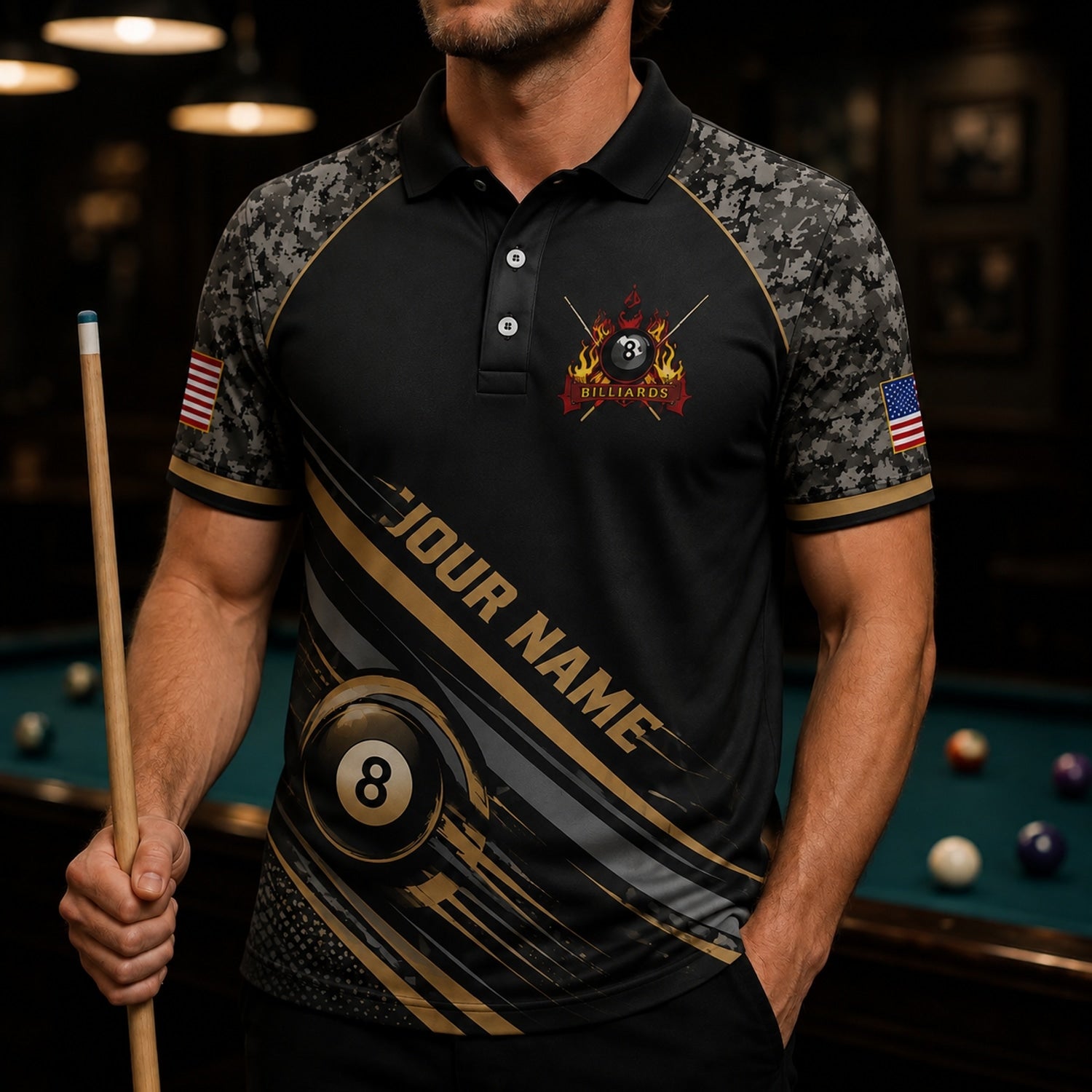 Team Name Patriot 8 Ball Sport Custom Billiard Polo Shirt Front View