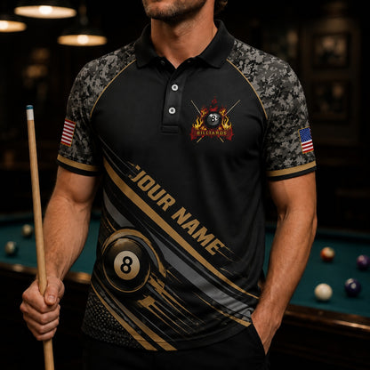 Team Name Patriot 8 Ball Sport Custom Billiard Polo Shirt Front View