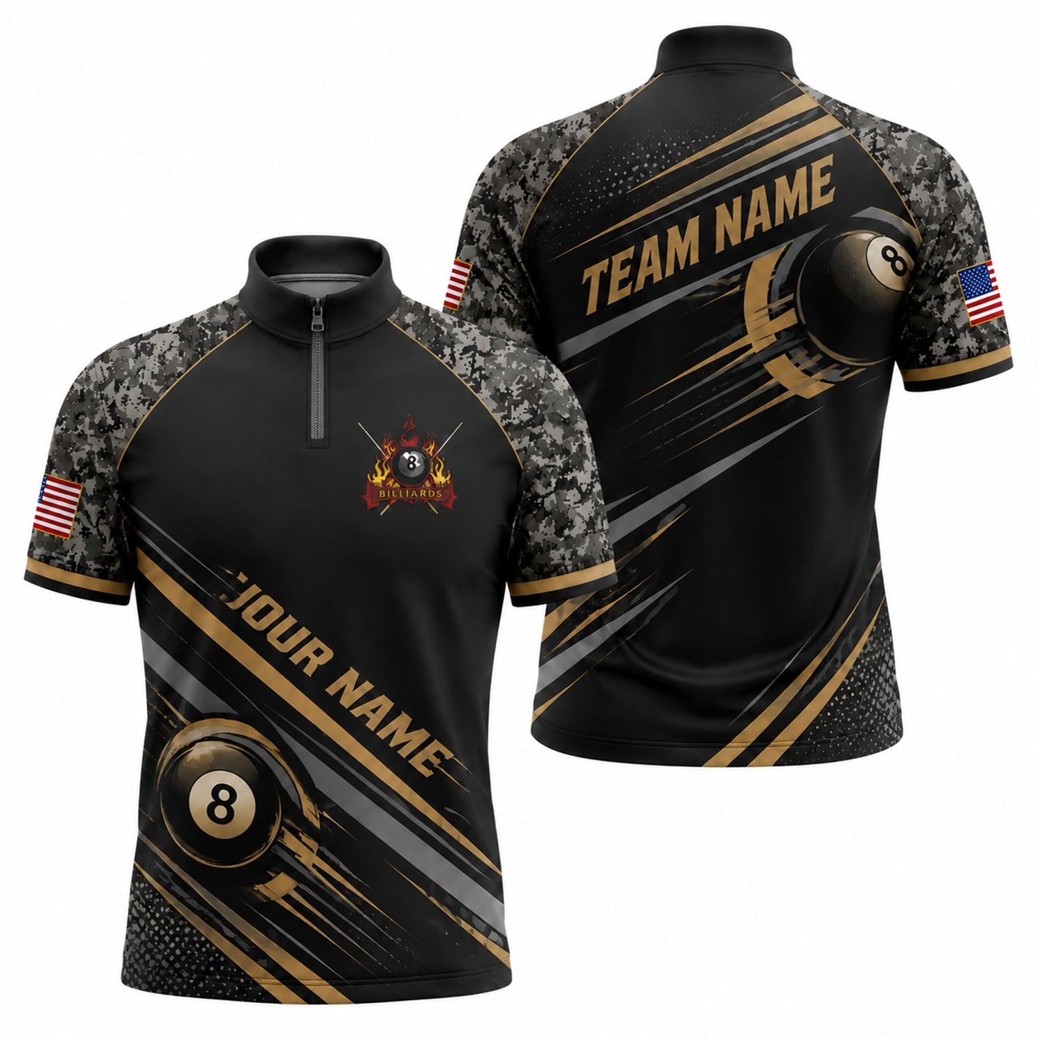 Team Name Patriot 8 Ball Sport Custom Billiard Polo Shirt Jersey Zip 1 4 Collar