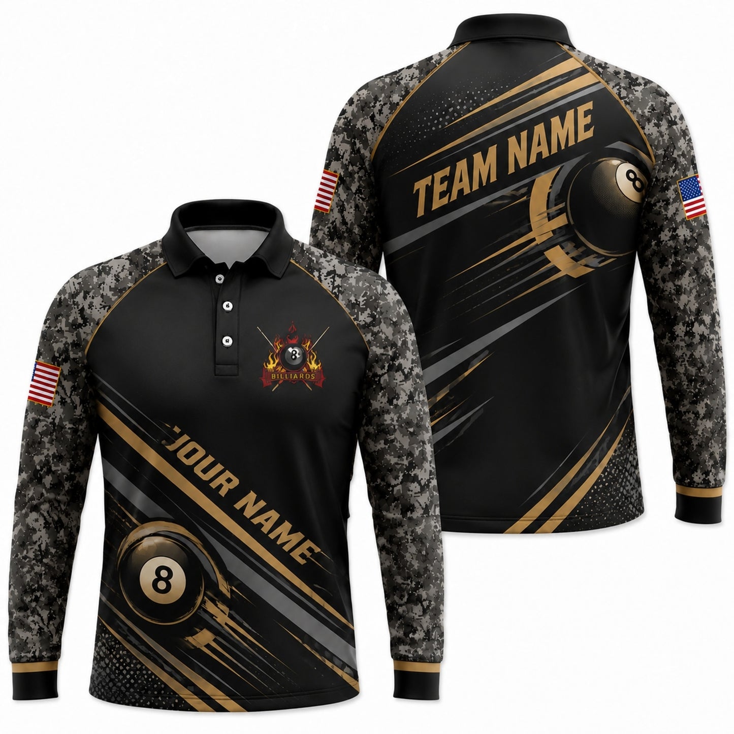 Team Name Patriot 8 Ball Sport Custom Billiard Polo Shirt Long Sleeve Polo