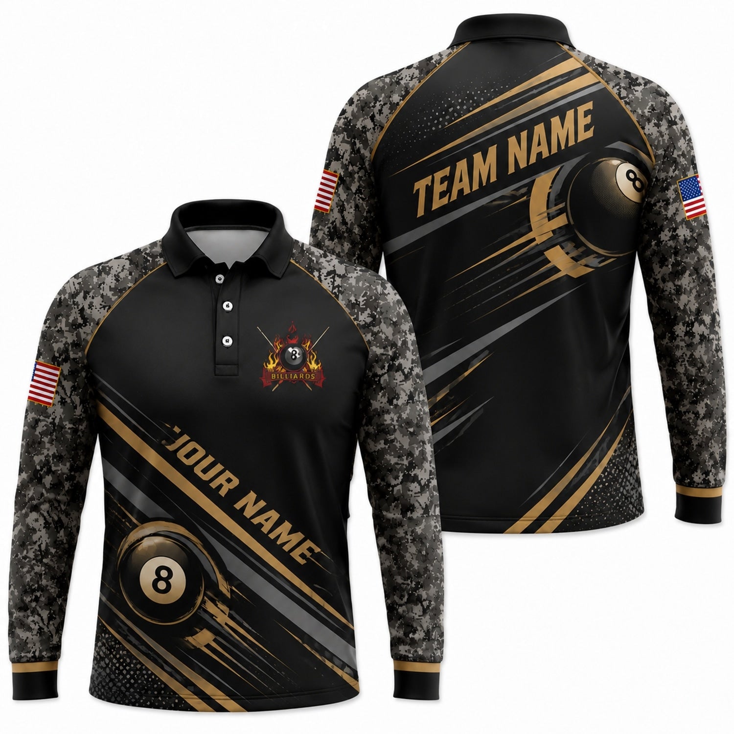 Team Name Patriot 8 Ball Sport Custom Billiard Polo Shirt Long Sleeve Polo