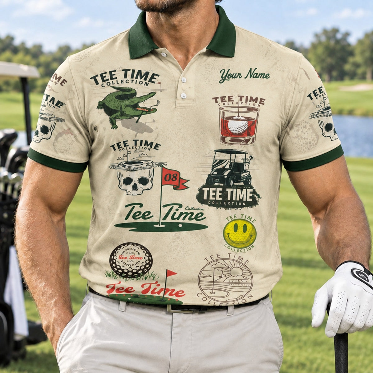 Tee Time Collection Pattern Custom Golf Polo Shirt Front View