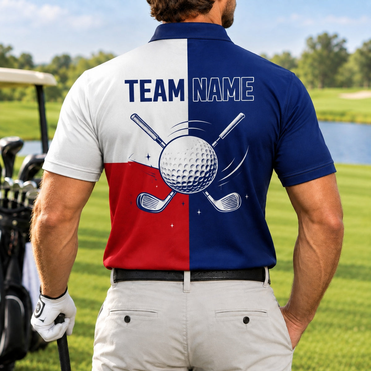 Texas Golf Ball And Clubs Custom Golf Polo Shirt Back View
