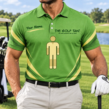 The Golf Tan Typography Personalized Golf Polo Shirt Front View